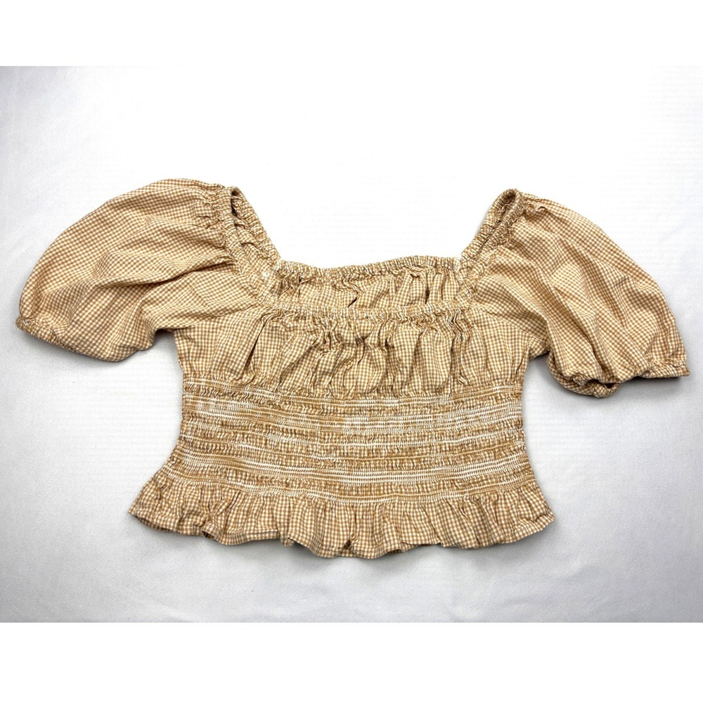 Japna Gingham Crop Top Womens Size Medium Tan White Smocked Puff Sleeve Blouse M